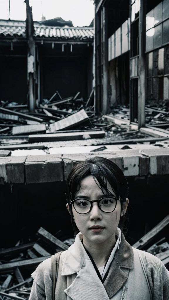 Showa,Collapse,Devastation,Inside the ruins,Glasses,Women,adventure,Black and White,