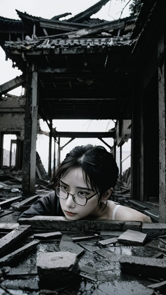 Showa,Collapse,Devastation,Inside the ruins,Glasses,Women,adventure,Black and White,