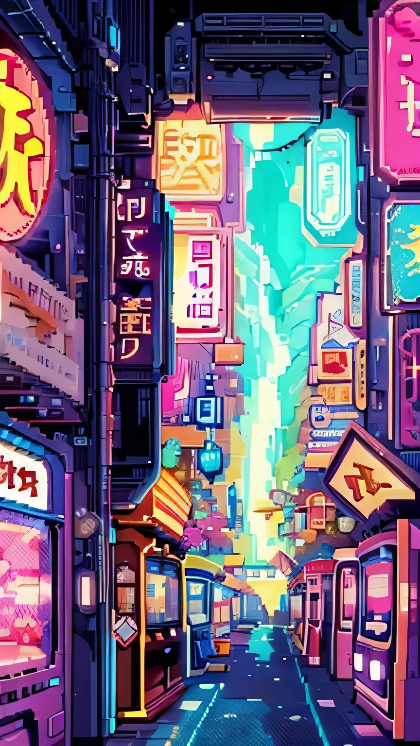 a large neon-lit video arcade street with many arcade cabinet machines along the sides.  There is a mountain and waterfall landscape in the distant background down the street, pixel art style