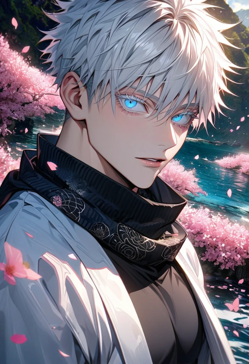 Ultra detailed, Highres, HDR, absurdres, Gojou Satoru, white hair with bangs, blue eyes, black scarf, white haori with patterns, white eyelashes, black tight shirt, sexy man, extremely handsome, solo, very detailed face and eyes, Jujutsu Kaisen, pink butterflies, petals, pink flowers, water,