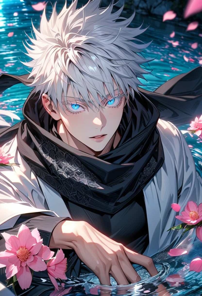 Ultra detailed, Highres, HDR, absurdres, Gojou Satoru, white hair with bangs, blue eyes, black scarf, white haori with patterns, white eyelashes, black tight shirt, sexy man, extremely handsome, solo, very detailed face and eyes, Jujutsu Kaisen, pink butterflies, petals, pink flowers, water,