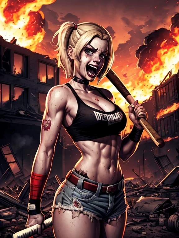 GTA style, GTA loading screen, GTA art, Portrait of Harley Quinn in dynamic pose, in The Walking Dead style, (((baseball bat in hand))), ((crazy facial expression)), crazy girl, laughing, night, highly detailed, detailed face, epic, high definition footage, digital portrait, beautiful, art station, comic style, ((hot body, hot girl, sensual, sensual)), comic, The Walking style Dead. ((a destroyed city background, fire, smoke, explosion)) 4k.
