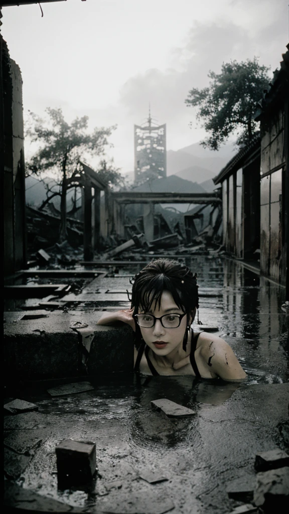 Showa,Collapse,Devastation,Inside the ruins,Glasses,Women,adventure,Black and White,