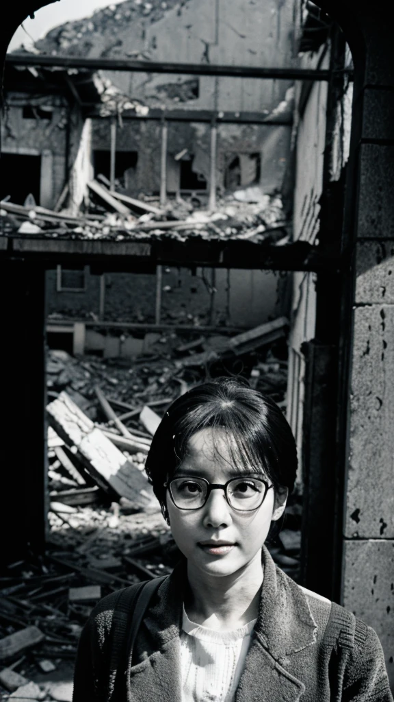 Showa,Collapse,Devastation,Inside the ruins,Glasses,Women,adventure,Black and White,