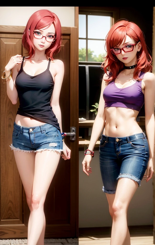 Nishikino maki, Purple eyes, red hair, lipstick,red tank top, denim pants,low waist pants, open pants, glasses, bracelet, cleavage, standing, realistic art, cowboy shot, sexy