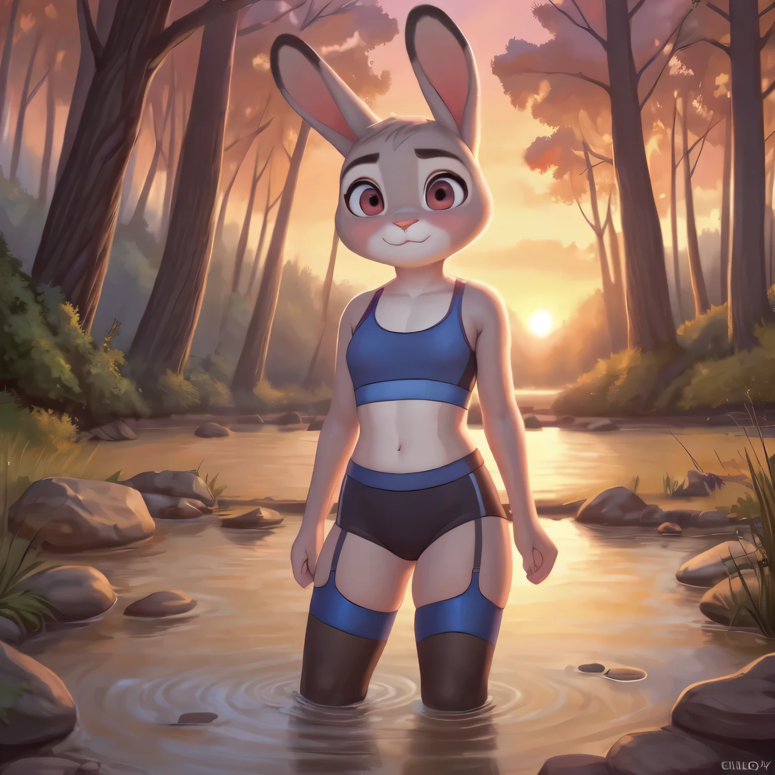 by chelodoy,((masterpiece)) ((4k ultra quality)) ((detailed background)) Judy Hopps bathing in river, sunset, forest, looking on the viewer, young, stockings, small breasts, sport bra, tight shorts, embarrassed expression