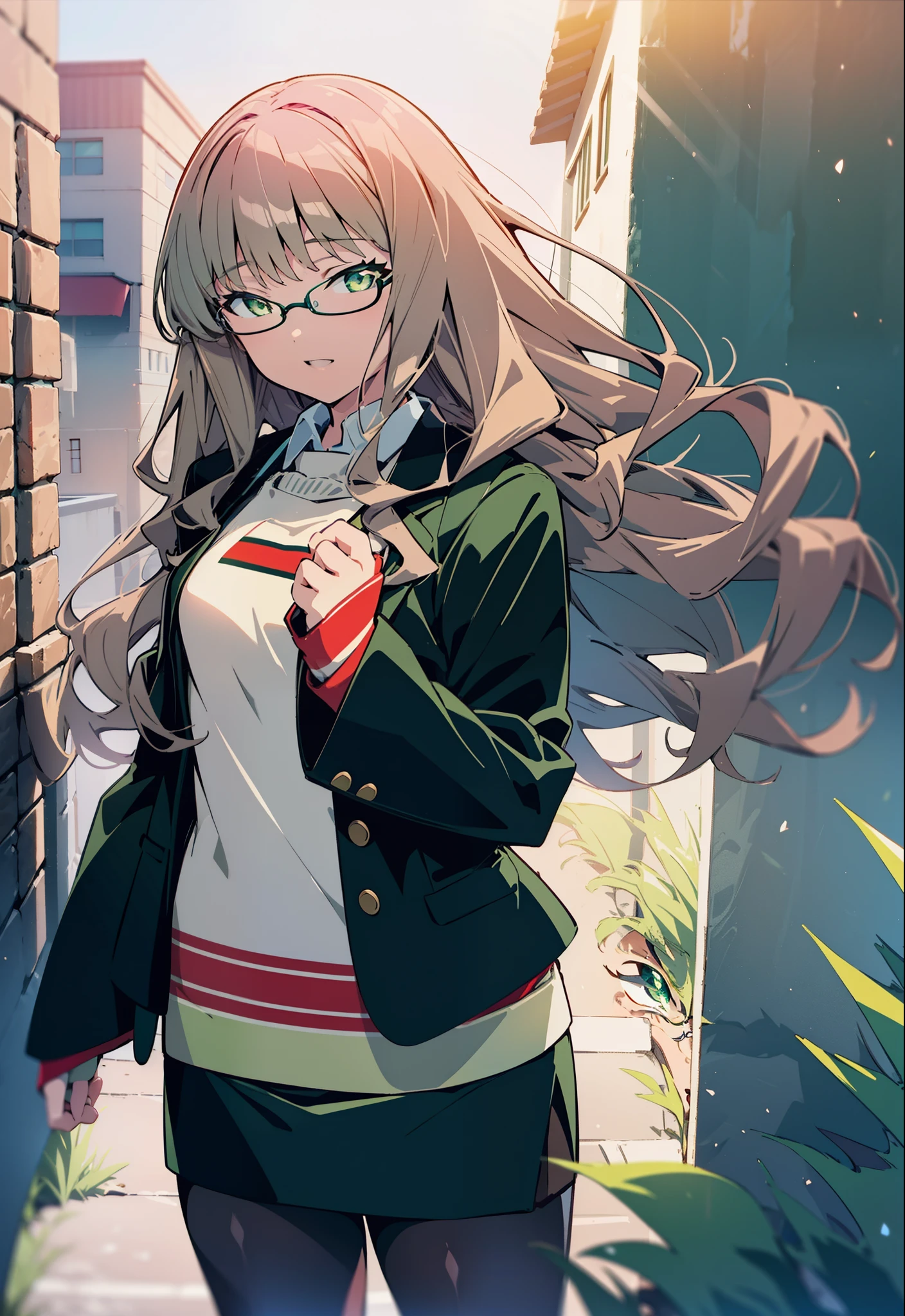 Minami Yume ,sss dynazenon ,Long Hair, Brown Hair, (Green Eyes:1.5) ,Medium ,hair band,happy smile, smile, Open your mouth,OL, Black-rimmed glasses, end, black suit jacket, Collared jacket, White dress shirt, Collared shirt, Neckline, button,  Black pencil skirt, Black pantyhose,Stiletto heels,morning,morning陽,The sun is rising,So that the whole body goes into the illustration,
break looking at viewer, (Cowboy Shot:1. 5)
break outdoors, In town,Building district,
break (masterpiece:1.2), highest quality, High resolution, unity 8k wallpaper, (figure:0.8), (Detailed and beautiful eyes:1.6), Highly detailed face, Perfect lighting, Extremely detailed CG, (Perfect hands, Perfect ),