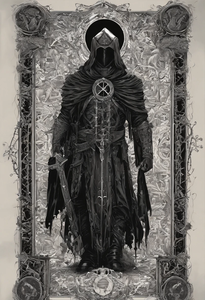 Um homem de armadura preta, o personagem tem cabelos longos e pretos, O personagem tem olhos vermelhos iluminados com cor vermelha, The background is made up of an apocalyptic scenario, as well as a huge Christian cross.