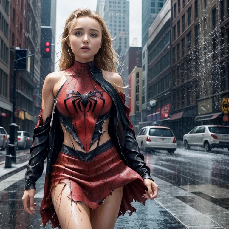 Hayden Panettiere、マーベル・コミック映画のPoster, Very beautiful, Movies about Spiderman, sexy, whole body, I'm wearing a skirt、Premiere date, Poster、belly buttonを突き出す、new york、She's wearing a torn Spider-Man suit,The suit is torn、Wearing a skirt、 Red and black color scheme,dynamic、masterpiece、highest quality、Ultra-detailed、Very detailed、A delicate and beautiful shine、超A high resolution、Cinematic,Break,Breakdrop,(Torn clothes:1.5), (Wet clothes:1.4), Bare shoulders,Real Rain,Wet Hair,belly button、Exposing Skin、sexyな肩を見せてる