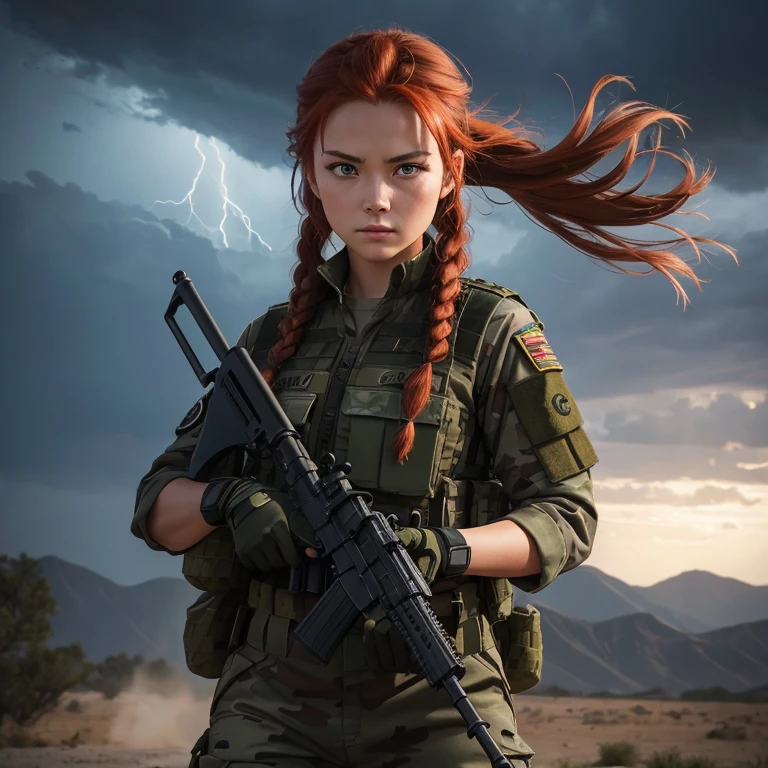a special forces girl in a khaki uniform with a tactical loadout and an AK-47 in her hands, fighting stance, strong wind, metal shine, professional photo, heuristic granularity, very close up, a storm, red hair in braids