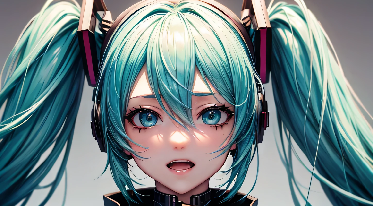 Vocaloids,
Hatsune Miku,
Cyberpunk costume,
Detailed facial expression,
detailed facial expression, detailed hair description,