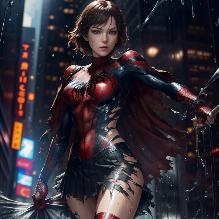 Milla Jovovich、マーベル・コミック映画のPoster, Very beautiful, Movies about Spiderman, sexy, whole body, I'm wearing a skirt、Premiere date, Poster、belly buttonを突き出す、new york、She&#39;s wearing a torn Spider-Man suit,The suit is torn、Wearing a skirt、 Red and black color scheme,dynamic、masterpiece、highest quality、Ultra-detailed、Very detailed、A delicate and beautiful shine、超A high resolution、Cinematic,Break,Breakdrop,(Torn clothes:1.5), (Wet clothes:1.4), Bare shoulders,Real Rain,Wet Hair,belly button、Exposing Skin、sexyな肩を見せてる