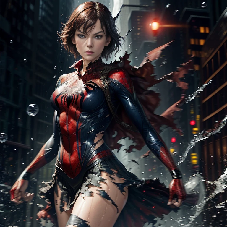 Milla Jovovich、マーベル・コミック映画のPoster, Very beautiful, Movies about Spiderman, sexy, whole body, I'm wearing a skirt、Premiere date, Poster、belly buttonを突き出す、new york、She's wearing a torn Spider-Man suit,The suit is torn、Wearing a skirt、 Red and black color scheme,dynamic、masterpiece、highest quality、Ultra-detailed、Very detailed、A delicate and beautiful shine、超A high resolution、Cinematic,Break,Breakdrop,(Torn clothes:1.5), (Wet clothes:1.4), Bare shoulders,Real Rain,Wet Hair,belly button、Exposing Skin、sexyな肩を見せてる