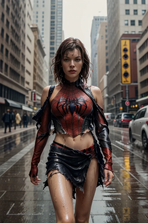 Milla Jovovich、マーベル・コミック映画のPoster, Very beautiful, Movies about Spiderman, sexy, whole body, I'm wearing a skirt、Premiere date, Poster、belly buttonを突き出す、new york、She's wearing a torn Spider-Man suit,The suit is torn、Wearing a skirt、 Red and black color scheme,dynamic、masterpiece、highest quality、Ultra-detailed、Very detailed、A delicate and beautiful shine、超A high resolution、Cinematic,Break,Breakdrop,(Torn clothes:1.5), (Wet clothes:1.4), Bare shoulders,Real Rain,Wet Hair,belly button、Exposing Skin、sexyな肩を見せてる