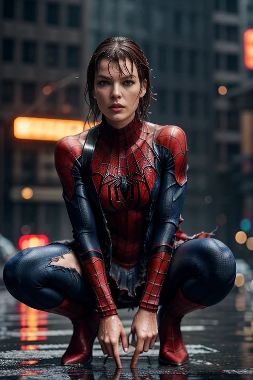 Milla Jovovich、Crouching、With both hands up、マーベル・コミック映画のPoster, Very beautiful, Movies about Spiderman, sexy, whole body, I'm wearing a skirt、Premiere date, Poster、belly buttonを突き出す、new york、She's wearing a torn Spider-Man suit,The suit is torn、Wearing a skirt、 Red and black color scheme,dynamic、masterpiece、highest quality、Ultra-detailed、Very detailed、A delicate and beautiful shine、超A high resolution、Cinematic,Break,Breakdrop,(Torn clothes:1.5), (Wet clothes:1.4), Bare shoulders,Real Rain,Wet Hair,belly button、Exposing Skin、sexyな肩を見せてる