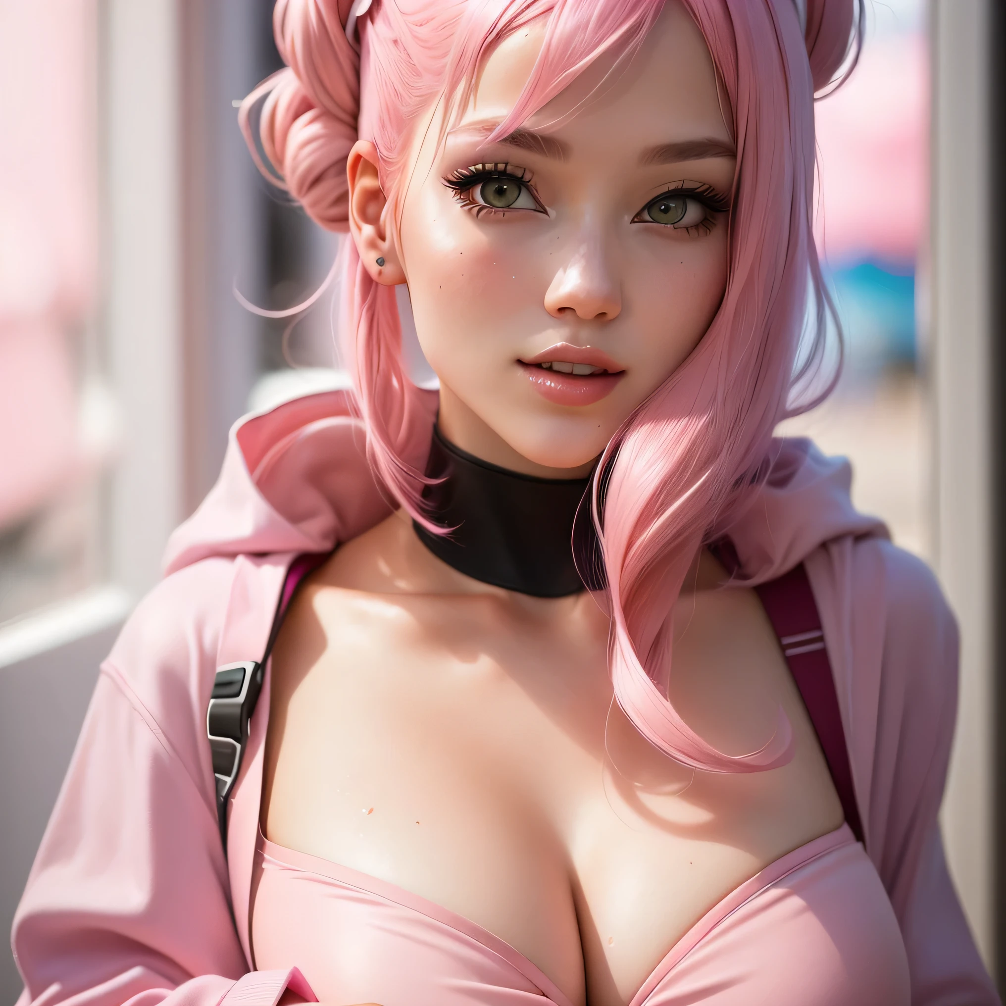 Close-up of a woman with pink hair wearing a pink robe, smooth pink skin, amorant, soft portrait shot 8k, Anna Nikonova, aka newmilky, beautiful dolphin, better known as amorant, split, pink girl, anime girl in real life, 8K Artgerm bokeh, a little pink, Pink pastel, pastel pink