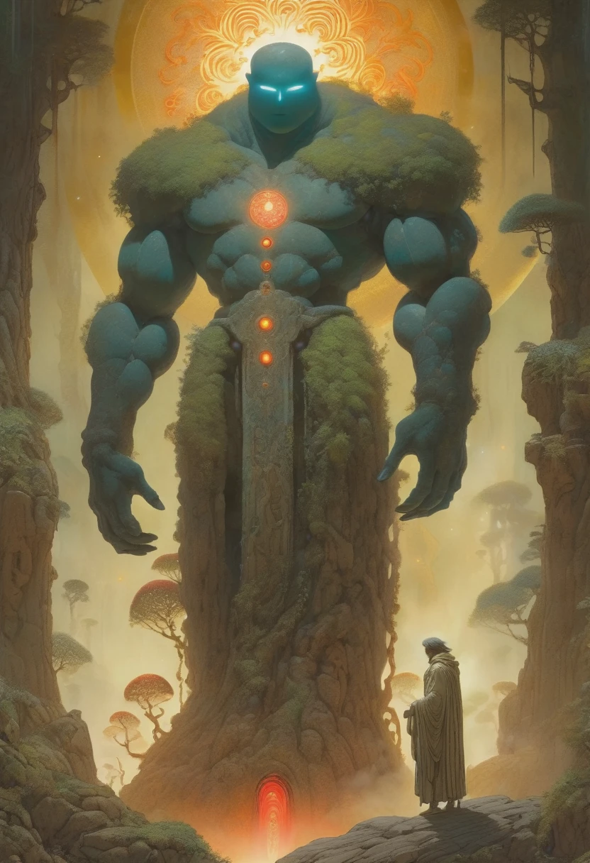 (best quality,4k,8k,highres,masterpiece:1.2),ultra-detailed,(realistic,photorealistic,photo-realistic:1.37),golem, made of beige marble, alchemy, hermeticism,ancient,weathered stone,meticulously carved,tangled vines,dark forest,small magical creatures,kodama, small forest spirits,(A golem is holding a bunch of little spirits on his open palms),(some spirits are dancing on the golem's palms, other are climbing the golem's shoulder),dappled sunlight,shadows and light,subtle gradients,rich earthy colors,concept art inspired by Jean Giraud Moebius,ethereal glow,elaborate inscriptions,symbols of mystery and alchemy,mystical fog,exquisite fungi,solemn expression,eyes glowing with red light,steampunk accents,gear-shaped designs,magic emanating from its core,protective guardian,imposing stature,ominous aura,secrets of the universe,harnessing the power of nature,ancient wisdom emerging from nature's embrace,transcendence of life and death,magical aura radiating from within., Yoshitaka Amano style