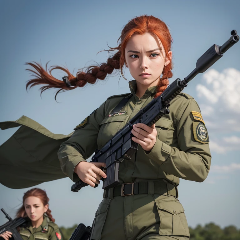 a special forces girl in a khaki uniform with a tactical loadout and an AK-47 in her hands, fighting stance, strong wind, metal shine, professional photo, heuristic granularity, very close up, a storm, red hair in braids
