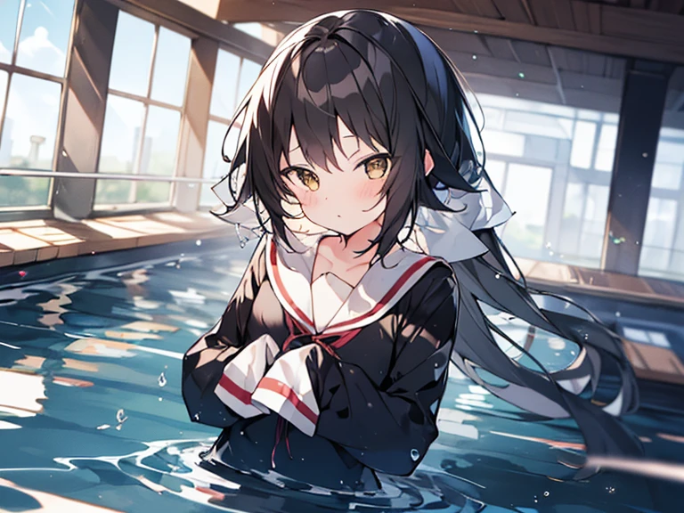 1 girl、mashiromitsumine, mashiro mitsumine, (Brown eyes:1.5), Brown Hair, ponytail, (Flat Chest:1.2), break grey skirt, Long sleeve, neck ribbon, red ribbon, ribbon, Sailor collar, skirt, white Sailor collar, (Blue Shirt:1.5), break looking at viewer, (whole body), break indoors, School swimming pool, (Lots of water)、Wet、skirtを引っ張る、skirtが水面に広がります、(Completely flooded)、whole bodyが水に浸かる、swim、break (masterpiece:1.2), highest quality, High resolution, unity 8k wallpaper, (shape:0.8), Highly detailed face, Perfect lighting, Highly detailed CG、(Panty flashing)、(skirt全開)、ロングワイドskirt、cute、blush、Watery eye