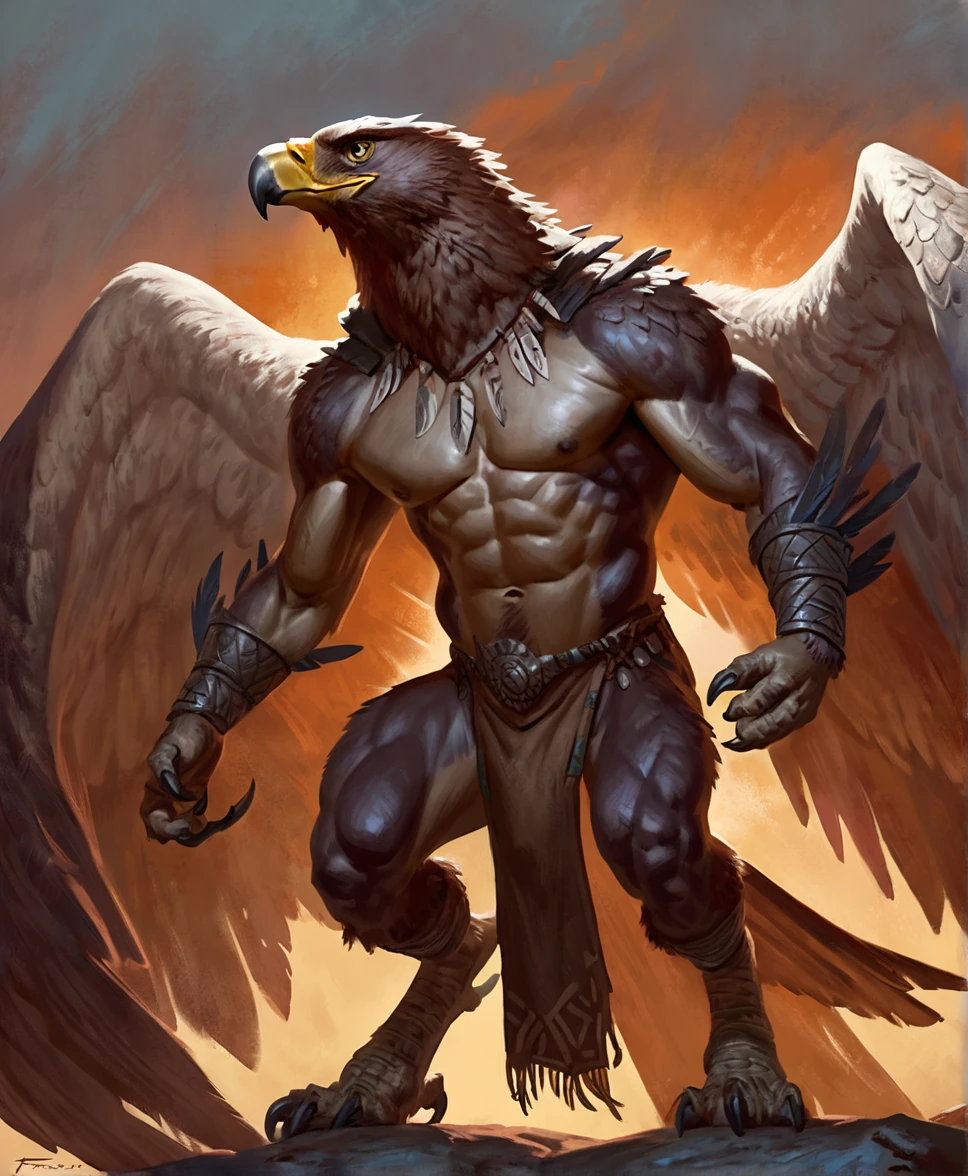 Eagle phoenix,comic book style, illustration, solo, abs, proud expression, masculine body, [[badass pose]], nipples, masterpiece, best art, full body, digitigrade, by taran fiddler, loincloth, tribal outfit, sharp talons, large wings, detailed hands, tall, detailed eyes, large tail, feathered torso