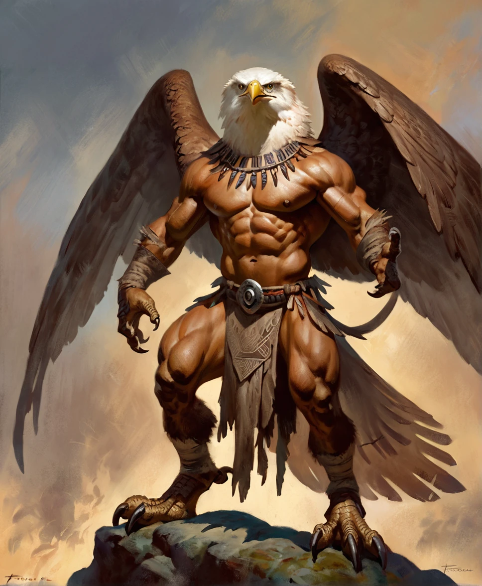 Eagle,comic book style, illustration, solo, abs, proud expression, masculine body, [[badass pose]], nipples, masterpiece, best art, full body, digitigrade, by frank frazetta, by taran fiddler, loincloth, tribal outfit, sharp talons, large wings, detailed hands, tall, detailed eyes, large tail, feathered torso