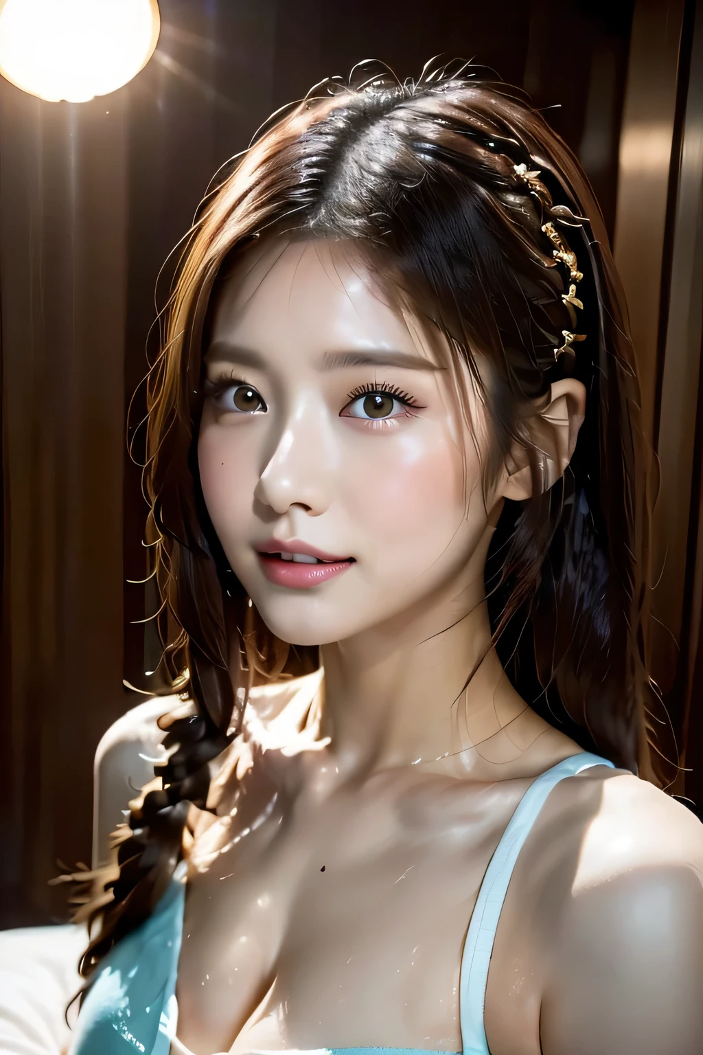 Warm sunshine、Woman lying on bed in bedroom、Emphasize the chest、White oversized tank top、A loose-necked white tank top、(Reddish brown wet shiny hair)、(Floral braided headband、Half Up、Floral,),(Space braids、Voluminous fishtail braids、Twisted pan、)、(The bangs are see-through)、hairpin、hair ornaments、cheeks turn red、pointed red mouth、Large Breasts、Perfect body curves、Beautiful clavicle、Wet Hair、Wet Face、Wet body、Wet Skin、Wet costume、Detailed clothing features、Detailed hair features、Detailed facial features、looking at the camera、(Dynamic Angle)、(Dynamic and sexy pose) )、Cinema Light、(masterpiece、highest quality、Ultra-high resolution output images、Write boundary depth、Intricate details、Adding dimension to your subject with the contrast of light and shadow、)、Digital illustration、Single-lens reflex camera、(Photorealistic:1.3)、(8k quality、Anatomically correct facial structure、)、(SeaArt 2.0 Mode:1.3)、(Picture Mode Ultra HD、)