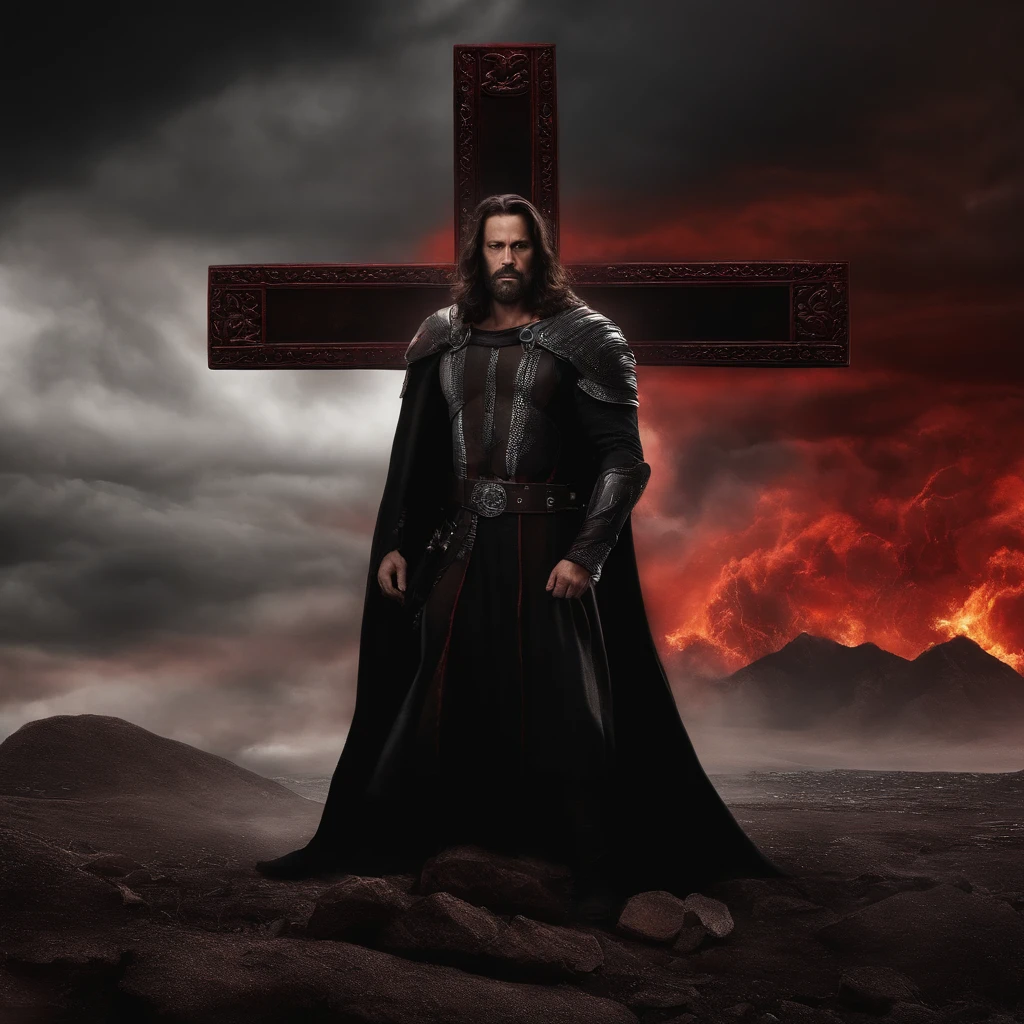 Um homem de armadura preta, o personagem tem cabelos longos e pretos, O personagem tem olhos vermelhos iluminados com cor vermelha, The background is made up of an apocalyptic scenario, as well as a huge Christian cross.