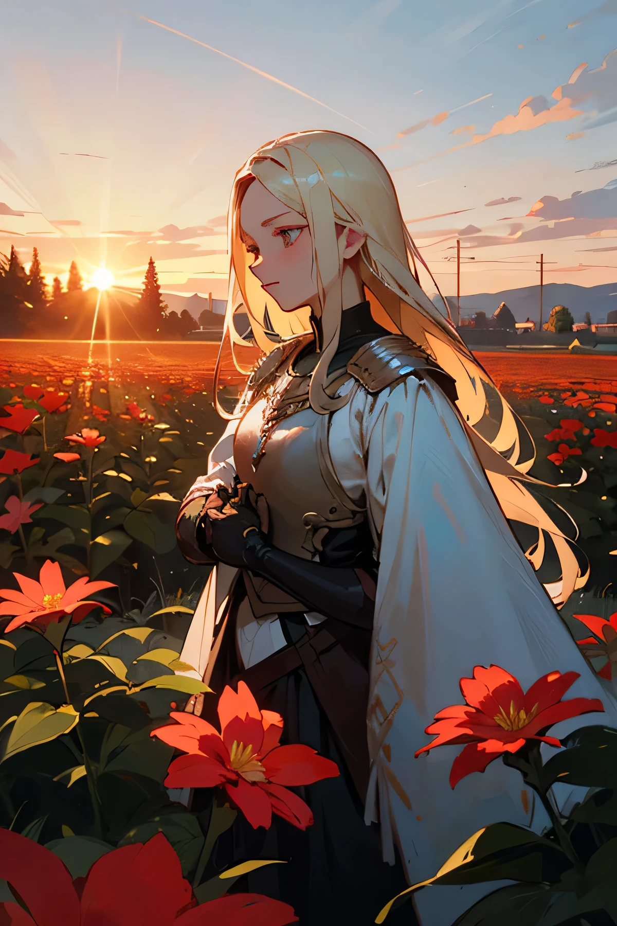 malenia of elden ring in a flower field under sunset preparing for war
