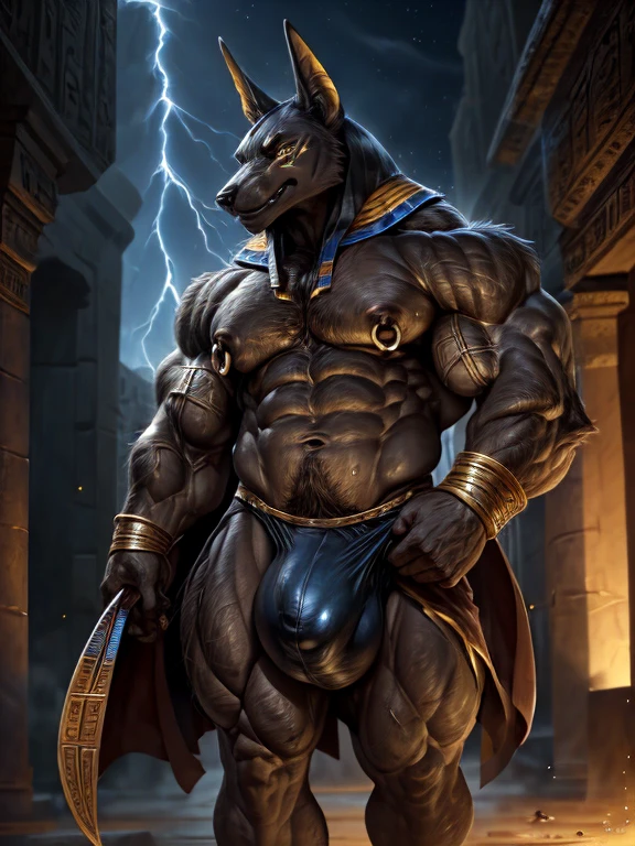 screwed up: Muscular black Anubis walking forward in a half-worn robe. 4K, A high resolution, Best quality, perfect colors, perfect shadow, perfect lightning, posted on e621, hairy bodies, Alone, anubian jackal, older male, black tight speedos ( huge bulge :1.4), (Muscular, big muscle mass:1.2, bodybuilder, huge shoulders, big round pecs, nipple rings), torso, Correct anatomy, (Realistic fur, Delicate fur, epic, tmasterpiece:1.2), (Detailed egyptian street, during night), sexy dark tarantula fiddler, author：Chunni, author：kusanagi, Bonifasko lighting), (Detailed eyes:1.2), sweaty:2, perspired:1.2, shining fur, Posing for the camera, body builder, self-assured, large muscle, sexy for, full bodyesbian, slutty expressions