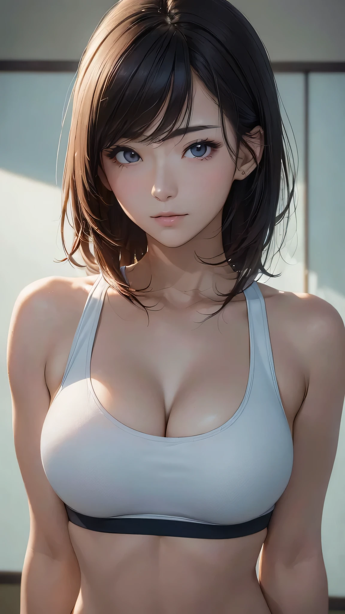 (((masterpiece))),(((High resolution)))、(((8K quality)))、(((perfect face)))、(((beauty of japan)))、30 years old, sports bra, look at the camera, ((top quality eyes)), detailed face, (detailed texture), look at the camera, big tits