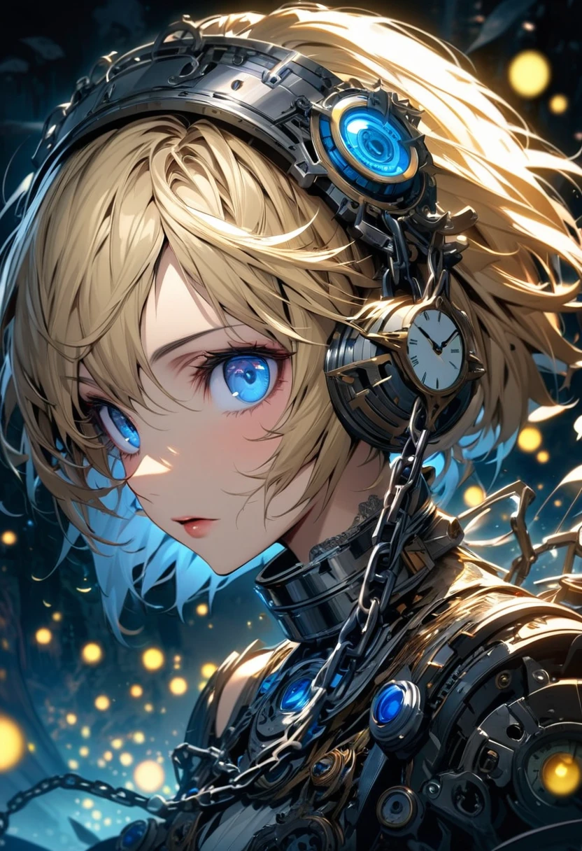 absurdres, highres, ultra detailed, HDR, master piece, best quality, extremely detailed face and eyes, perfect face, beautiful eyes, Aegis, expressive blue eyes, blond short hair, Persona 3, solo, woman, extremely beautiful, pretty, clock mechanical moon, fantasy, chains, fireflies, in wonderland