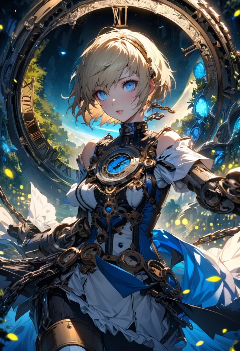 absurdres, highres, ultra detailed, HDR, master piece, best quality, extremely detailed face and eyes, perfect face, beautiful eyes, Aegis, expressive blue eyes, blond short hair, Persona 3, solo, woman, extremely beautiful, pretty, clock mechanical moon, fantasy, chains, fireflies, in wonderland