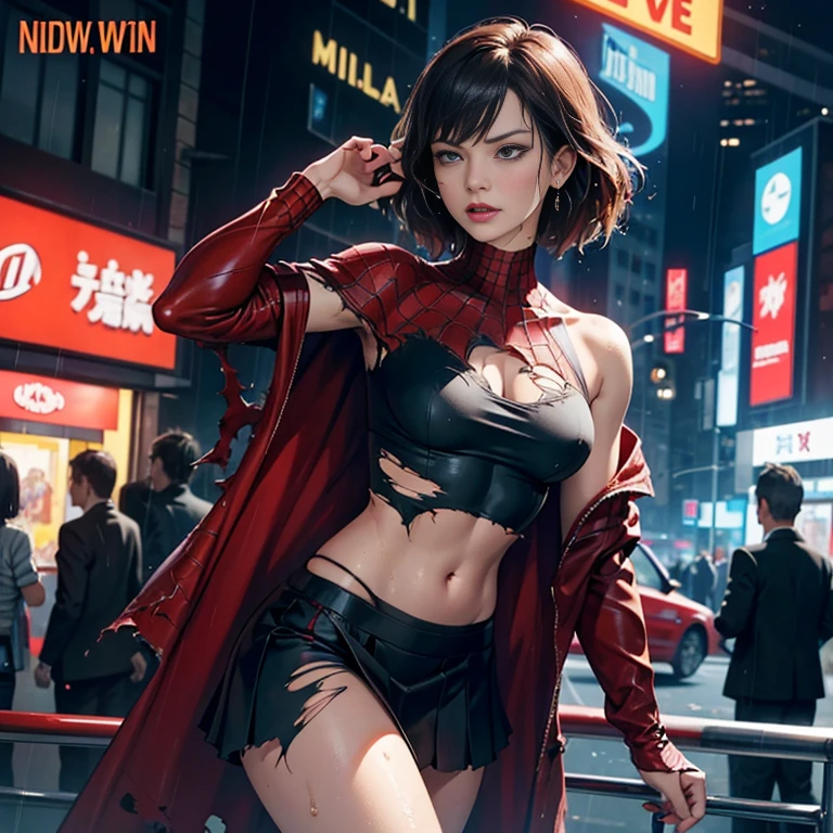 Milla Jovovich、マーベル・コミック映画のPoster, Very beautiful, Movies about Spiderman, sexy, whole body, I'm wearing a skirt、Premiere date, Poster、belly buttonを突き出す、new york、She's wearing a torn Spider-Man suit,The suit is torn、Wearing a skirt、 Red and black color scheme,dynamic、masterpiece、highest quality、Ultra-detailed、Very detailed、A delicate and beautiful shine、超A high resolution、Cinematic,Break,Breakdrop,(Torn clothes:1.5), (Wet clothes:1.4), Bare shoulders,Real Rain,Wet Hair,belly button、Exposing Skin、sexyな肩を見せてる