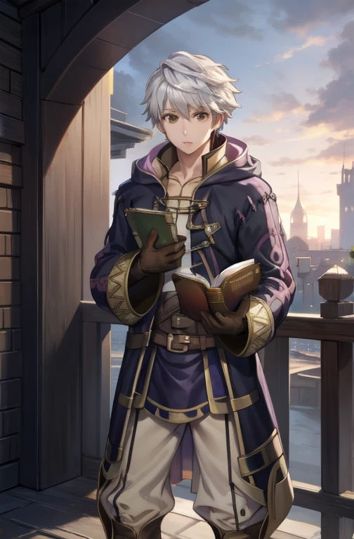 masterpiece, highest quality, Marelolobin, Fire Emblem Awakening,Food, Brown eyes, Wizard, Robe, pants, gloves, Hold a book under your arm, whole body, Are standing, View your viewers, noon,city,null