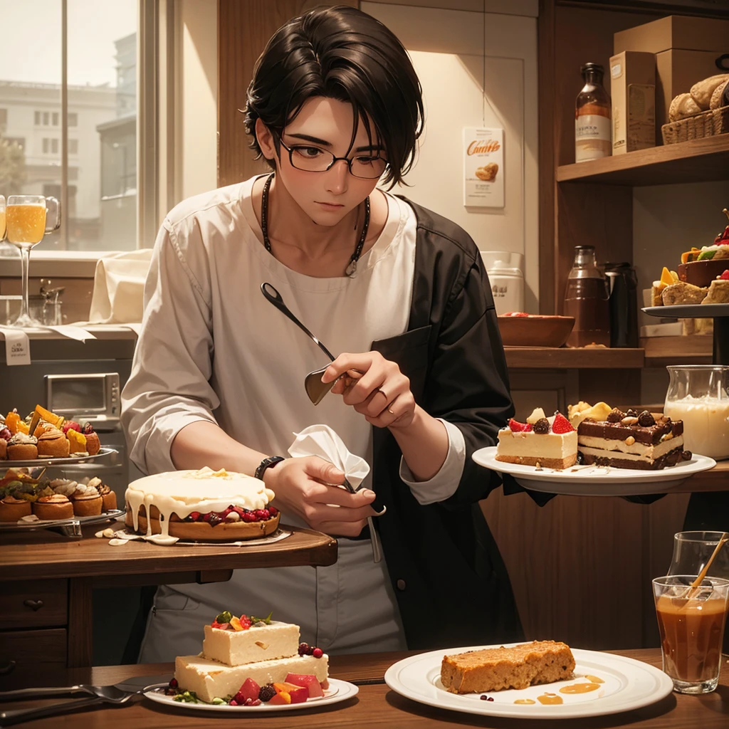 Crea una imagen sobre postres en una caa vintage con un hombre y una mujer disfrutanlos