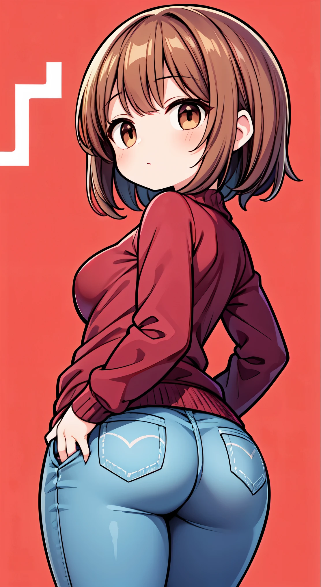 Brown haired girl,Short-haired girl,Brown eyes,Body type is slightly chubby,The breasts are small,The butt is small,Sweater and jeans