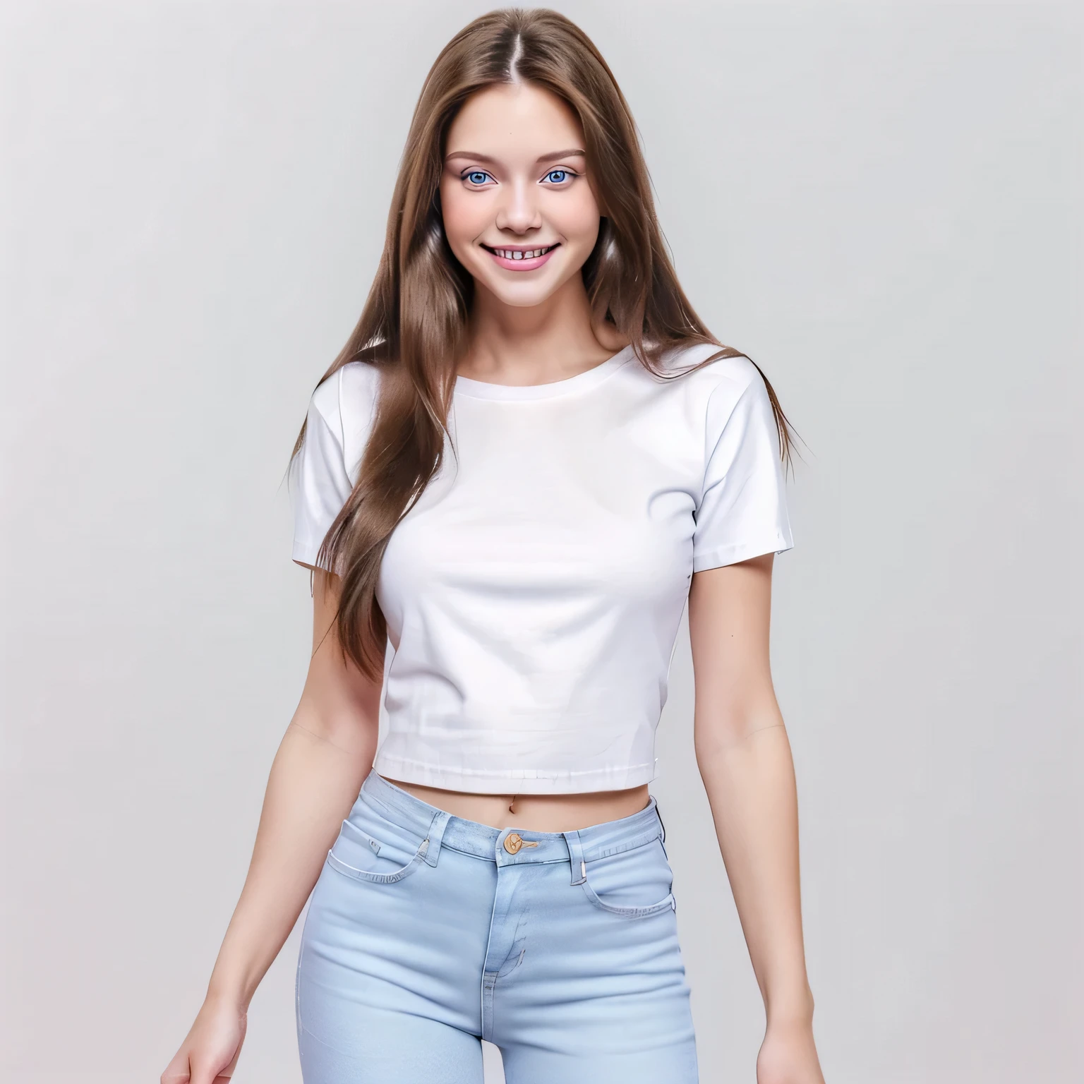 Full body smiling brunette woman with long straight hair and blue eyes, wearing a white T-shirt and pink denim salopette, white background