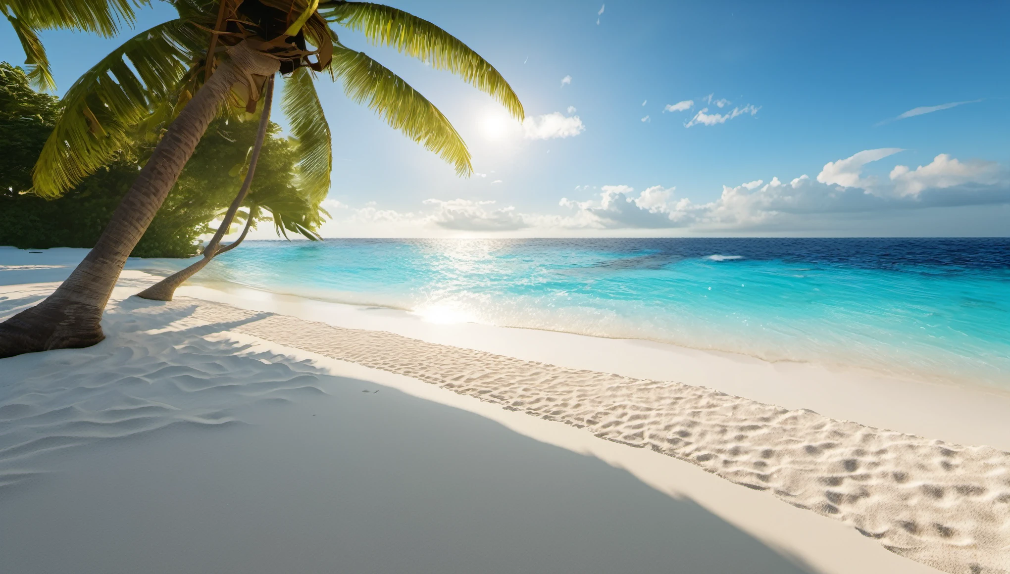 On the blue coast of Maldives, sunlight falls on the soft white sand beach, shimmering with slightly swaying waves. The seawater is clear and bottomless, like a huge sapphire, exuding a profound tranquility. The fine sand is dotted with shells and coral fragments, and the gentle sea breeze blows, bringing a cool summer. In the distance, palm trees sway and flourish, as if welcoming travelers from afar. The entire scene is filled with tranquility and comfort, making people feel like they are in a paradise like vacation destination.,16K,high resolution,unreal engine 5,full body,Award-winning,Best quality,UHD,HDR,Cinema4D,octane rendering,ultra-detailed,photorealistic,studio light