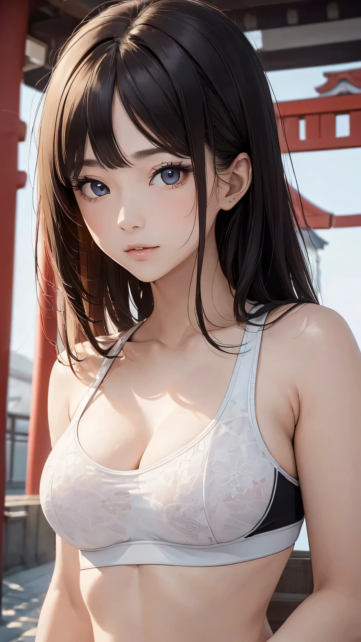 (((masterpiece))),(((High resolution)))、(((8K quality)))、(((perfect face)))、(((beauty of japan)))、30 years old, sports bra, look at the camera, ((top quality eyes)), detailed face, (detailed texture), look at the camera, big tits