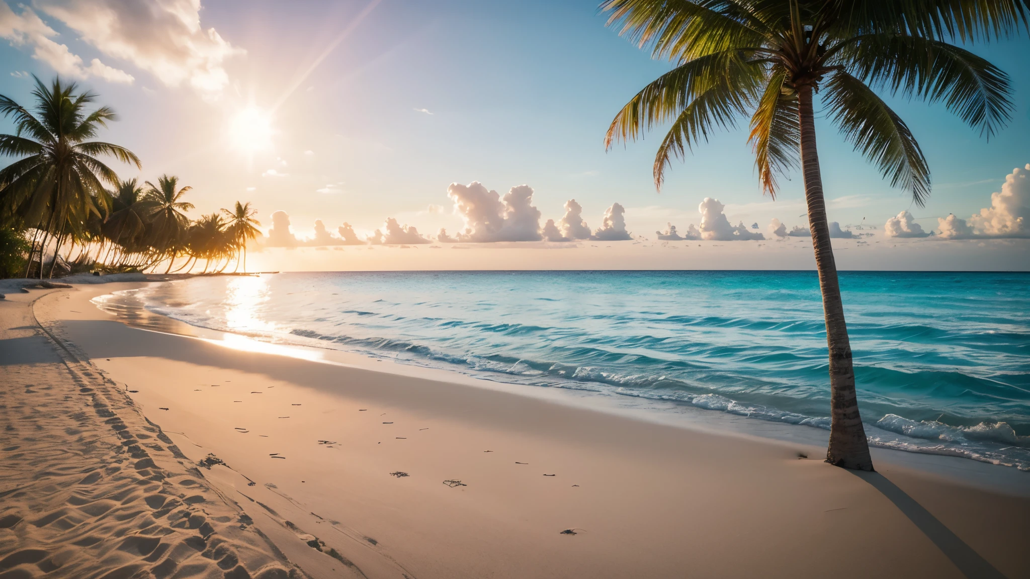 On the blue coast of Maldives, sunlight falls on the soft white sand beach, shimmering with slightly swaying waves. The seawater is clear and bottomless, like a huge sapphire, exuding a profound tranquility. The fine sand is dotted with shells and coral fragments, and the gentle sea breeze blows, bringing a cool summer. In the distance, palm trees sway and flourish, as if welcoming travelers from afar. The entire scene is filled with tranquility and comfort, making people feel like they are in a paradise like vacation destination.,16K,high resolution,unreal engine 5,full body,Award-winning,Best quality,UHD,HDR,Cinema4D,octane rendering,ultra-detailed,photorealistic,studio light