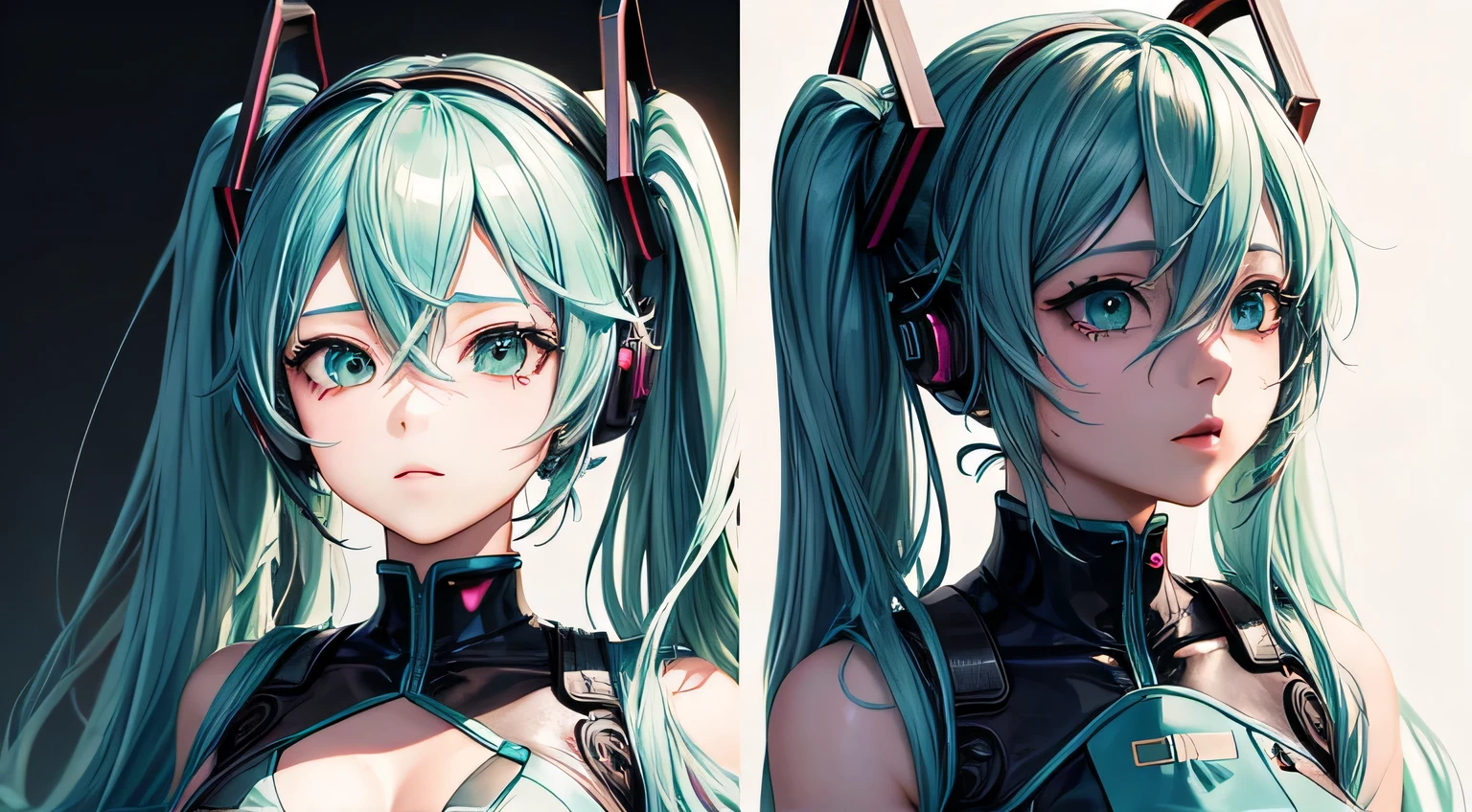 Vocaloid,
Hatsune Miku,
Cyberpunk costumes,
muscle training,
detailed facial expressions,
detailed description of facial expressions, detailed description of eyes,
detailed description of the outfit,
Big tits,