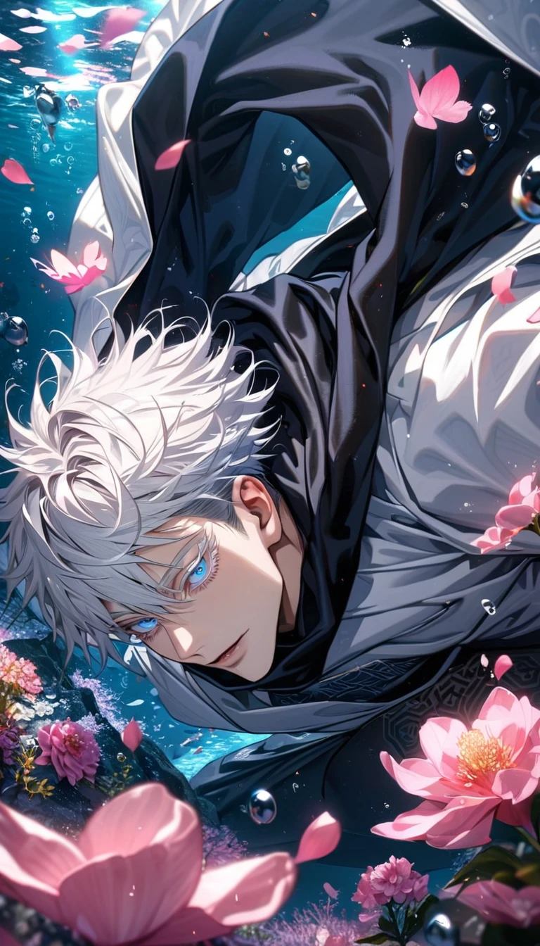 Ultra detailed, Highres, HDR, absurdres, Gojou Satoru, white hair with bangs, blue eyes, black scarf, white haori with patterns, white eyelashes, black tight shirt, sexy man, extremely handsome, solo, very detailed face and eyes, Jujutsu Kaisen, pink butterflies, petals, pink flowers, underwater, bubbles,