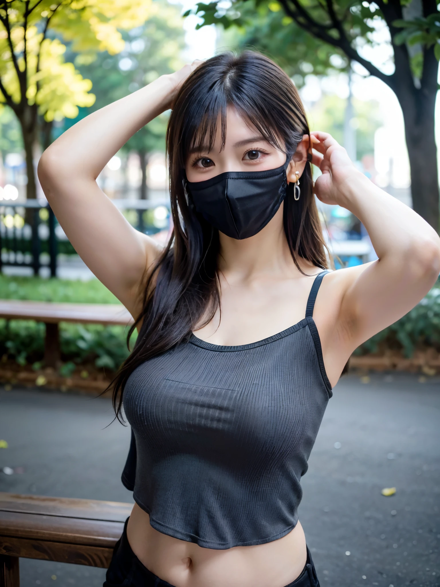 (8K, 超A high resolution, Best Quality, masutepiece:1.2)、(Look away)、8K、RAW portrait of japanese girl、Photorealsitic、超A high resolution、top-quality、 (爆乳、 cleavage:1.2)、(Black high-leg T-back micro bikini with a fairly small area、Small area:1.5)、(Open your crotch wide、squatt:1.8)、(black masks:1.5)(Show the armpits:1.3)、(Intersections in the city:1.2) BREAK (Natural Skin Texture、Detailed skin、Hyper-Realism、ultra sharpness)、intricate detailes、depth of fields、(爆乳:1.5)、(Beautiful blonde semi-long:1.2)、big eye、bangss、Eye lashes、(stick out shiny toned buttocks:1.2)、(Black High Leg T-Back:1.3)