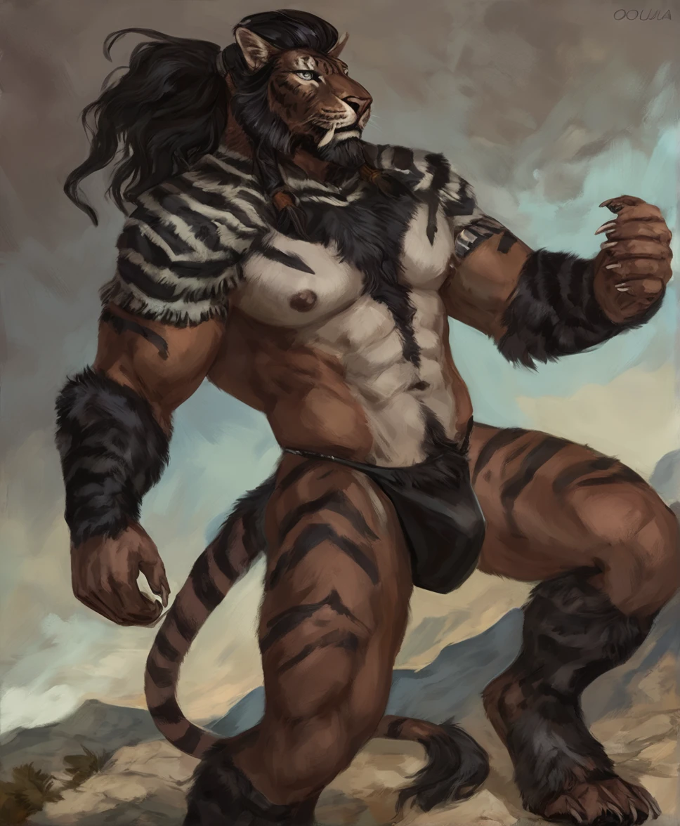 Hrothgar warrior,comic book style, illustration, solo, abs, ferocious, male, [[badass pose]], ???????, masterpiece, best art, full body, plantigrade, by oouna, ?????, detailed eyes, detailed fur, claws, detailed tail, masculine body shape, tribal, ponytail hair, ????? hair, stripes
