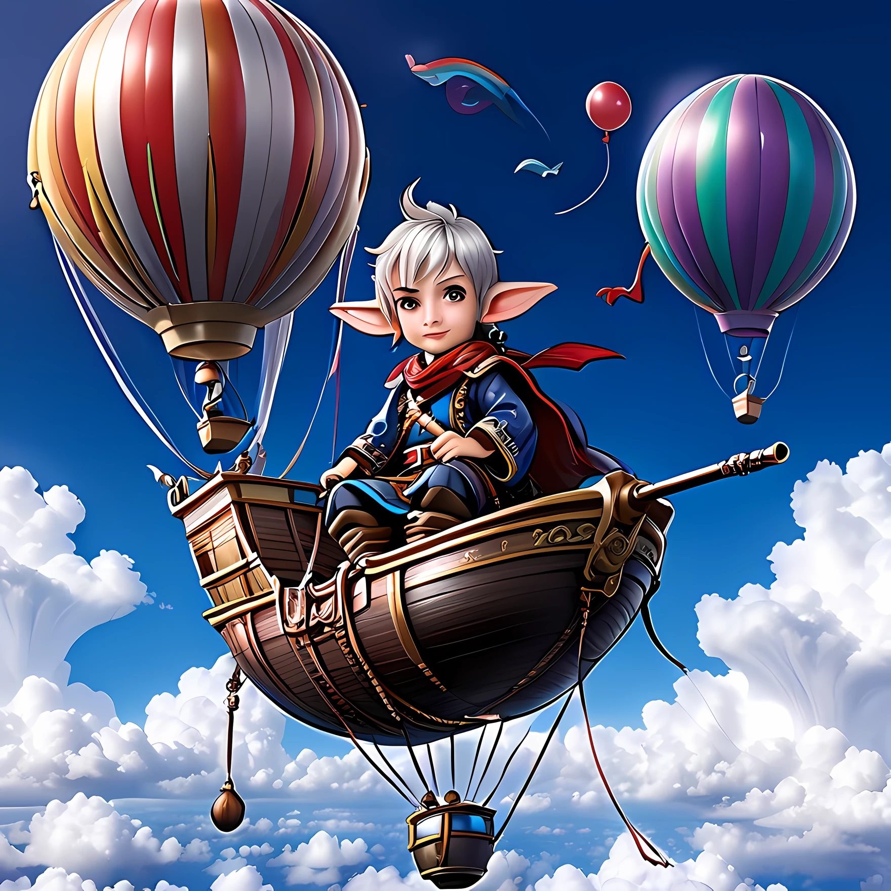 A midget samurai cowboy prince that explores the skies in his balloon ship. Though he is quite short, and youthful looking. Being he is an elf he is over thousands of years old. He also is attractive 