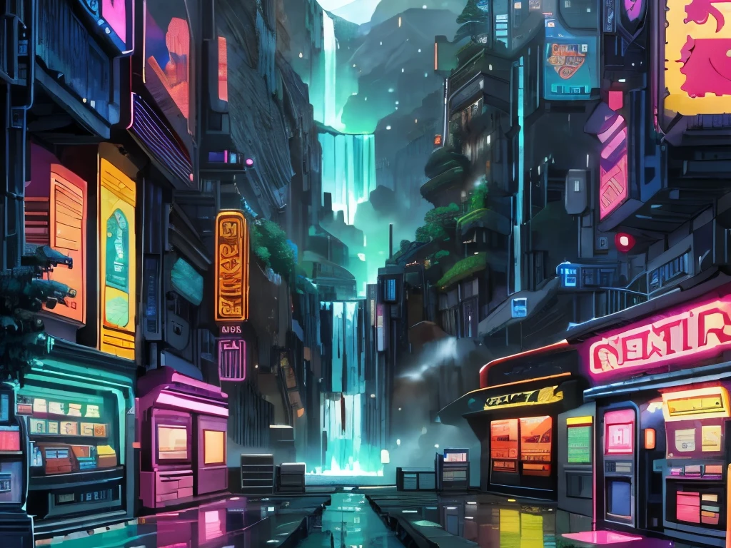 a large neon-lit outdoor street with dozens of video arcade machines and 1 vending machine. In the distance is a beautiful mountain with a waterfall. pixel art style