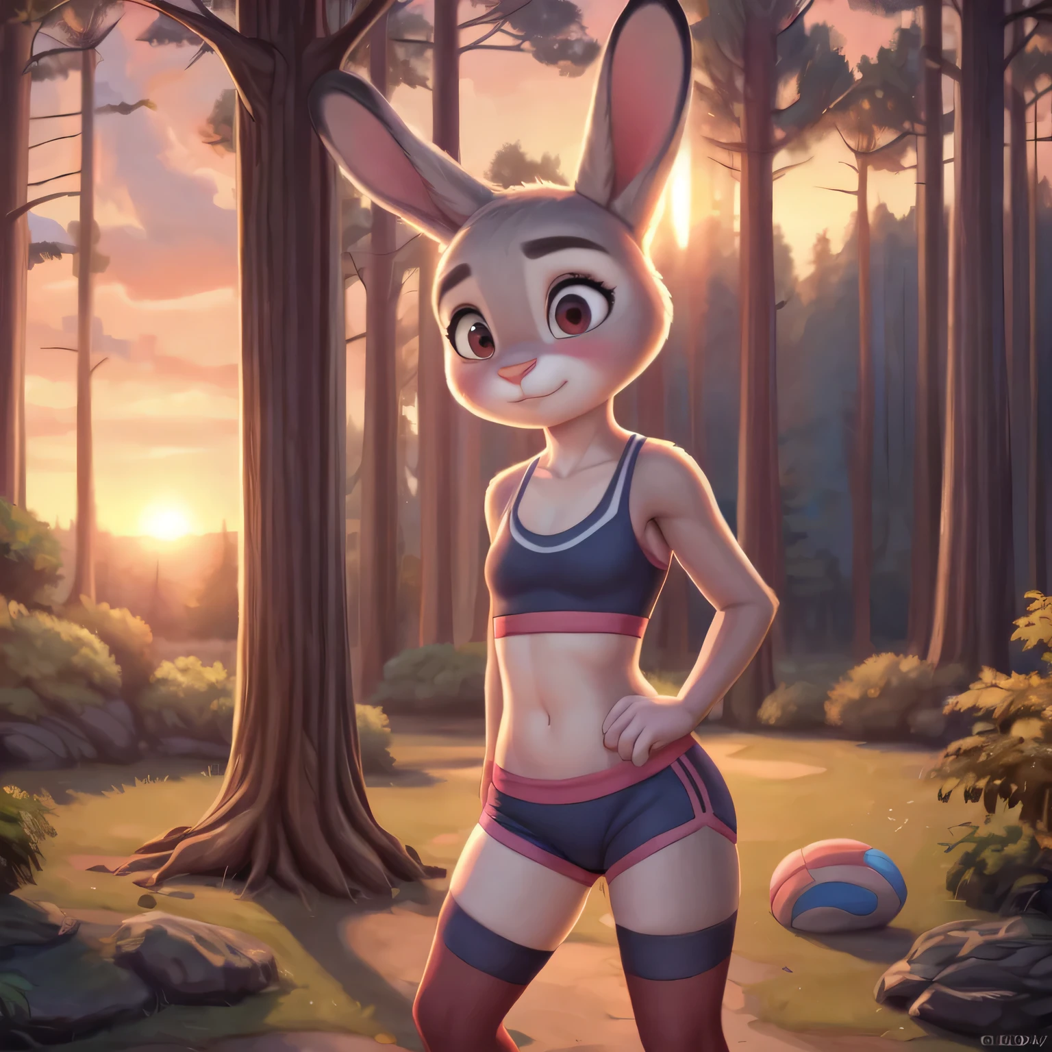 by chelodoy,((masterpiece)) ((4k ultra quality)) ((detailed background))2 young girls, Judy Hopps undressing, sunset, forest, looking on the viewer, young, stockings, small breasts, sport bra, tight shorts, embarrassed expression