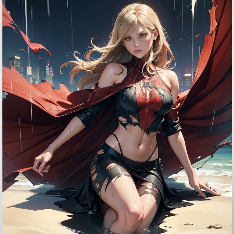 Ali Larter、マーベル・コミック映画のPoster, Very beautiful, Movies about Spiderman, sexy, whole body, I'm wearing a skirt、Premiere date, Poster、belly buttonを突き出す、new york、She&#39;s wearing a torn Spider-Man suit,The suit is torn、Wearing a skirt、 Red and black color scheme,dynamic、masterpiece、highest quality、Ultra-detailed、Very detailed、A delicate and beautiful shine、超A high resolution、Cinematic,Break,Breakdrop,(Torn clothes:1.5), (Wet clothes:1.4), Bare shoulders,Real Rain,Wet Hair,belly button、Exposing Skin、sexyな肩を見せてる