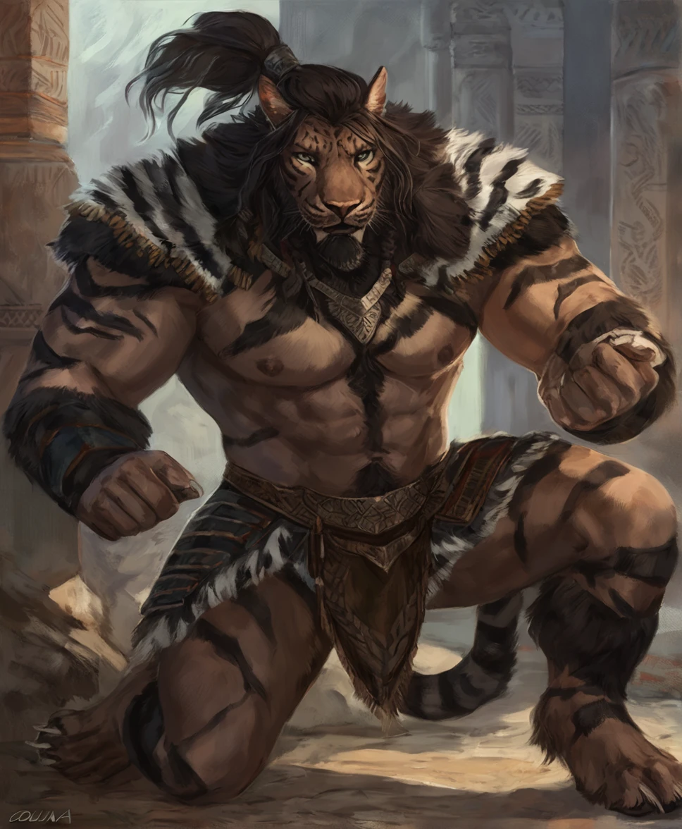 Hrothgar warrior,comic book style, illustration, solo, abs, ferocious, male, [[badass pose]], nipples, masterpiece, best art, full body, plantigrade, by oouna, armor, detailed eyes, detailed fur, claws, detailed tail, masculine body shape, tribal, ponytail hair, chest hair, stripes