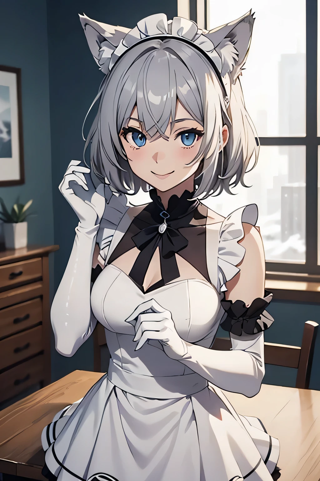 Tabletop Best image quality wonderful Attention to detail One Young Woman((Adult))Anime Style White maid outfit(Sleeveless) snow-white gloves(Elbow Gloves) White Pantyhose(Plain) Wolf Ears short hair((Shortcuts)(Gray Hair)(Curly Hair)(fluffy)) smile(Happy) Eye color is blue background(Bedroom)